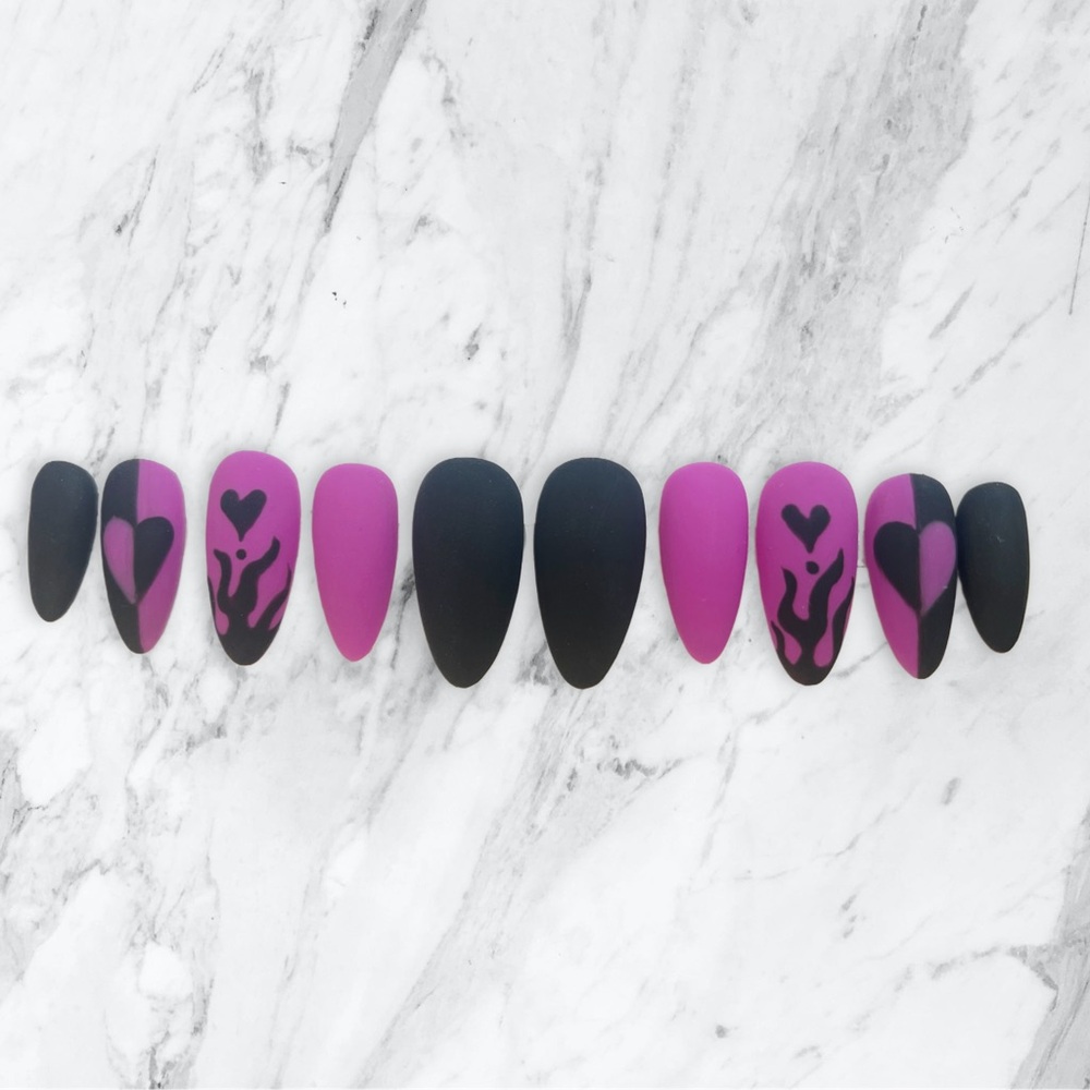 Purple and black handmade heart and flame matte press-on nails